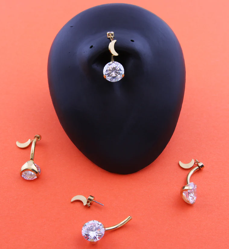 Gold PVD Clear CZ Dangle Half Moon Titanium Threadless Belly Button Ring - Image 2