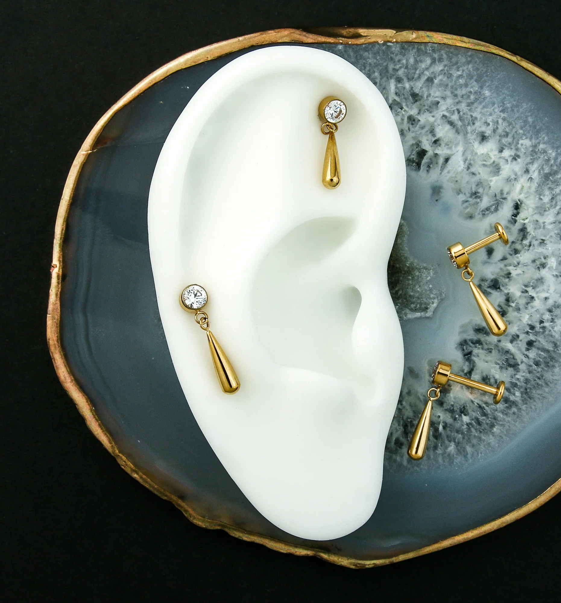 Gold PVD Clear CZ Dangle Teardrop Internally Threaded Titanium Labret - Image 2