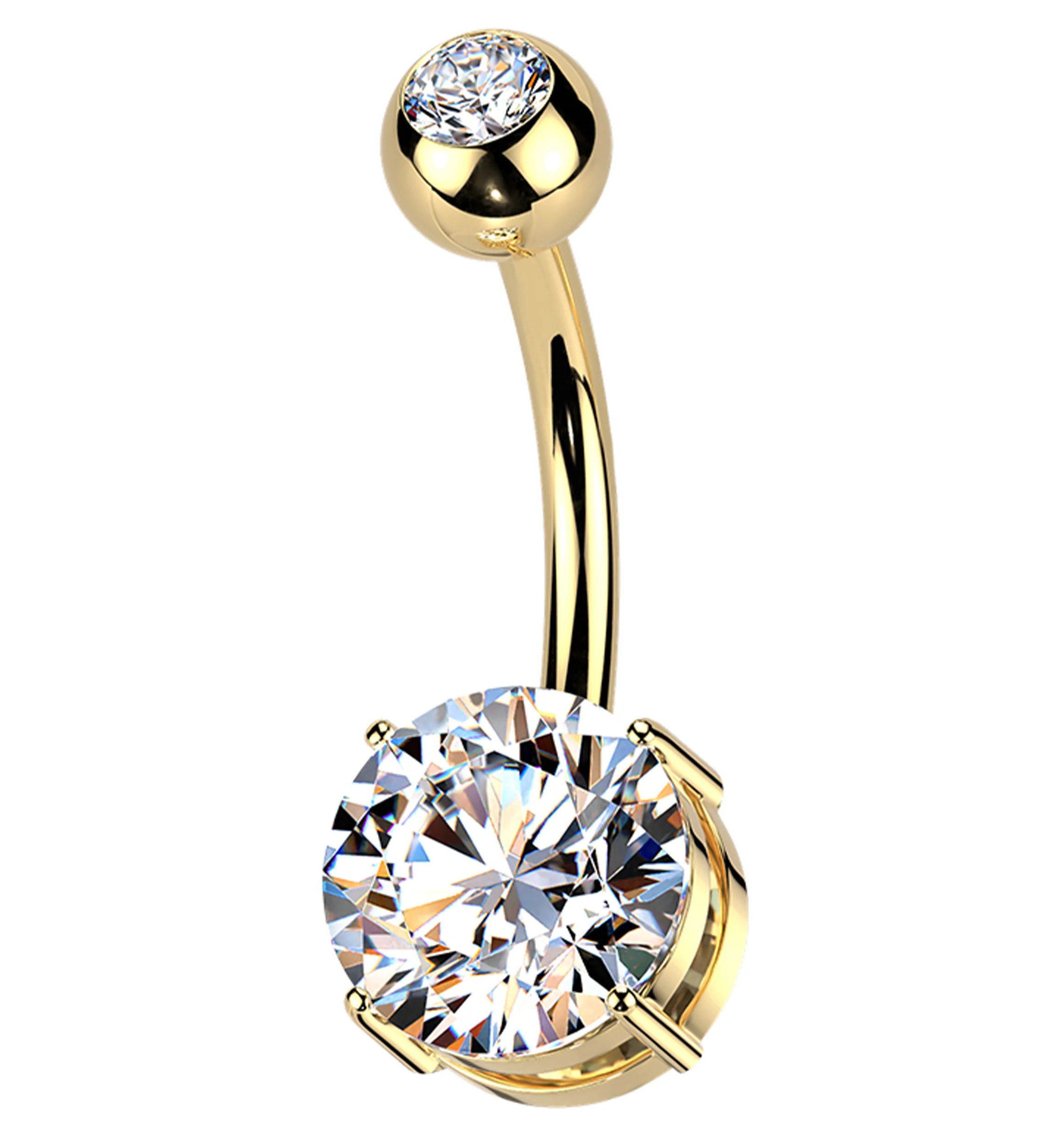 Gold PVD Clear CZ Prong/Bezel Internally Threaded Titanium Belly Button Ring