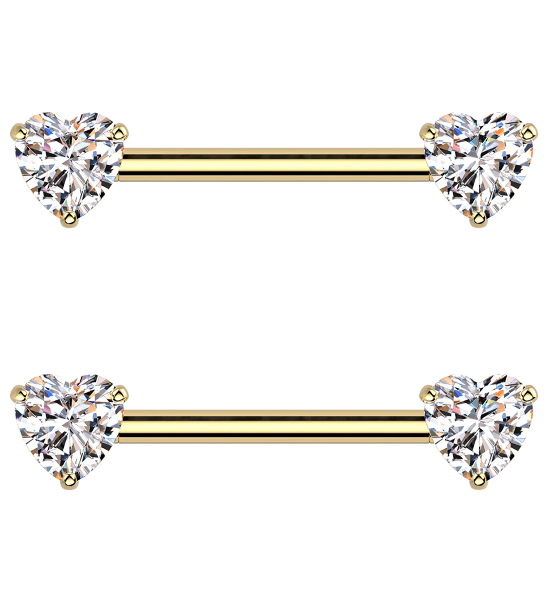 Gold PVD Clear Heart CZ Threadless Titanium Nipple Barbell