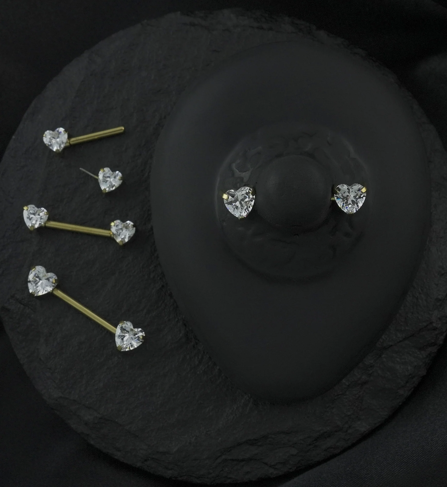 Gold PVD Clear Heart CZ Threadless Titanium Nipple Barbell - Image 2