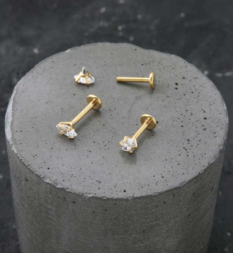 Gold PVD Clear Prong Oval CZ Stainless Steel Internally Threaded Labret - Image 2