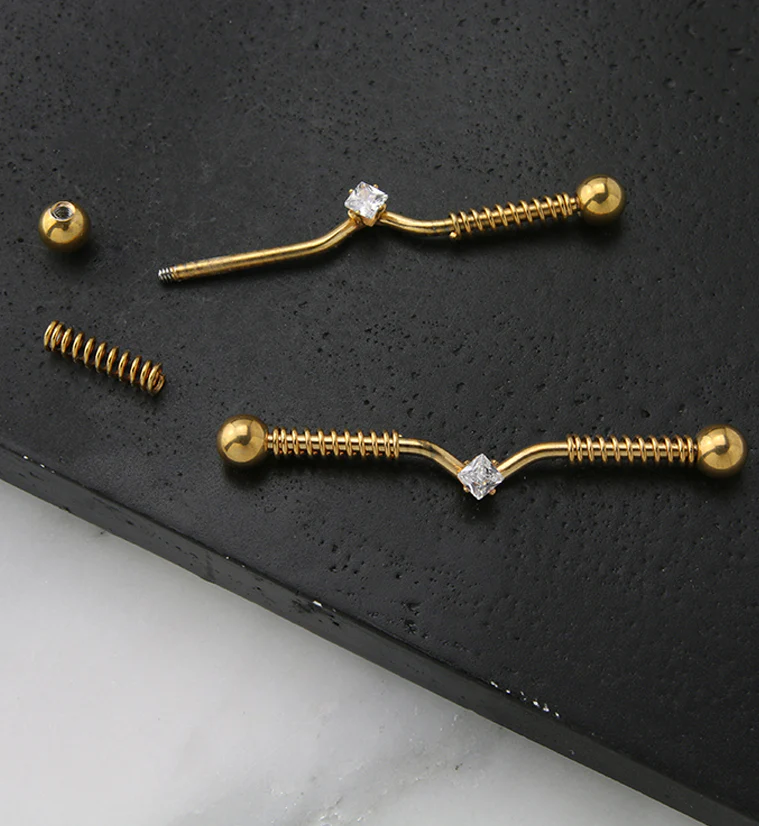 Gold PVD Coil CZ Industrial Barbell - Image 2