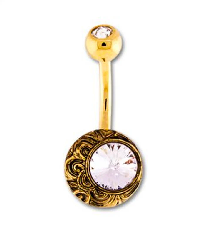Gold PVD Crescent Moon CZ Belly Button Ring