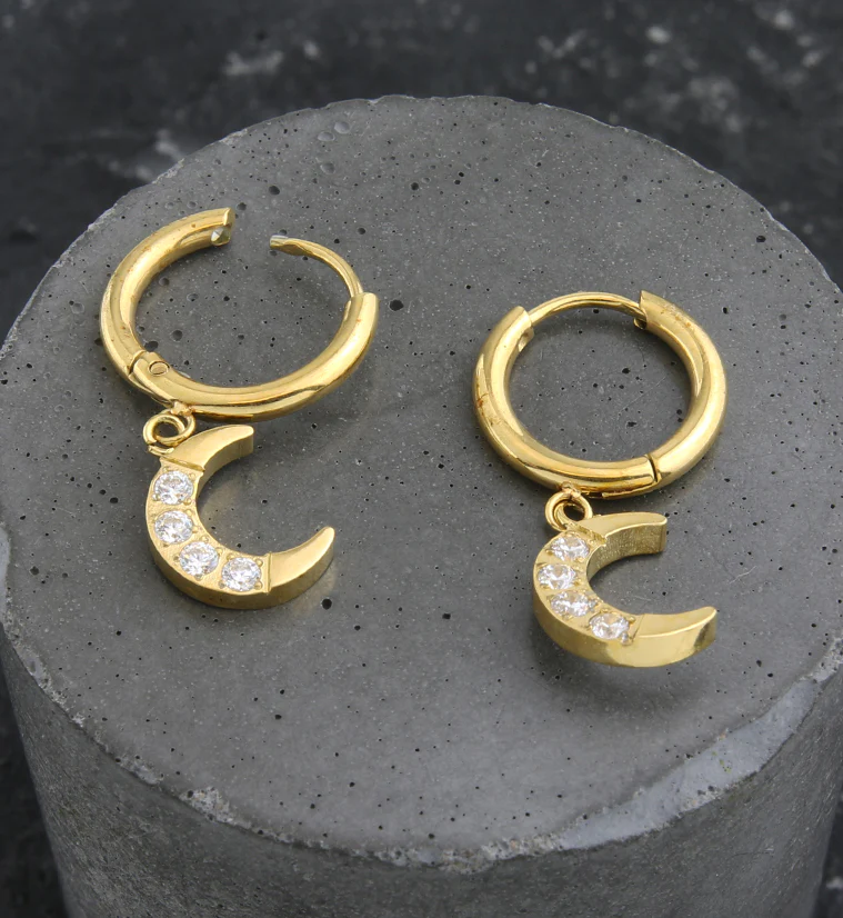 Gold PVD Crescent Moon CZ Dangle Stainless Steel Hinged Hoop Earrings - Image 2