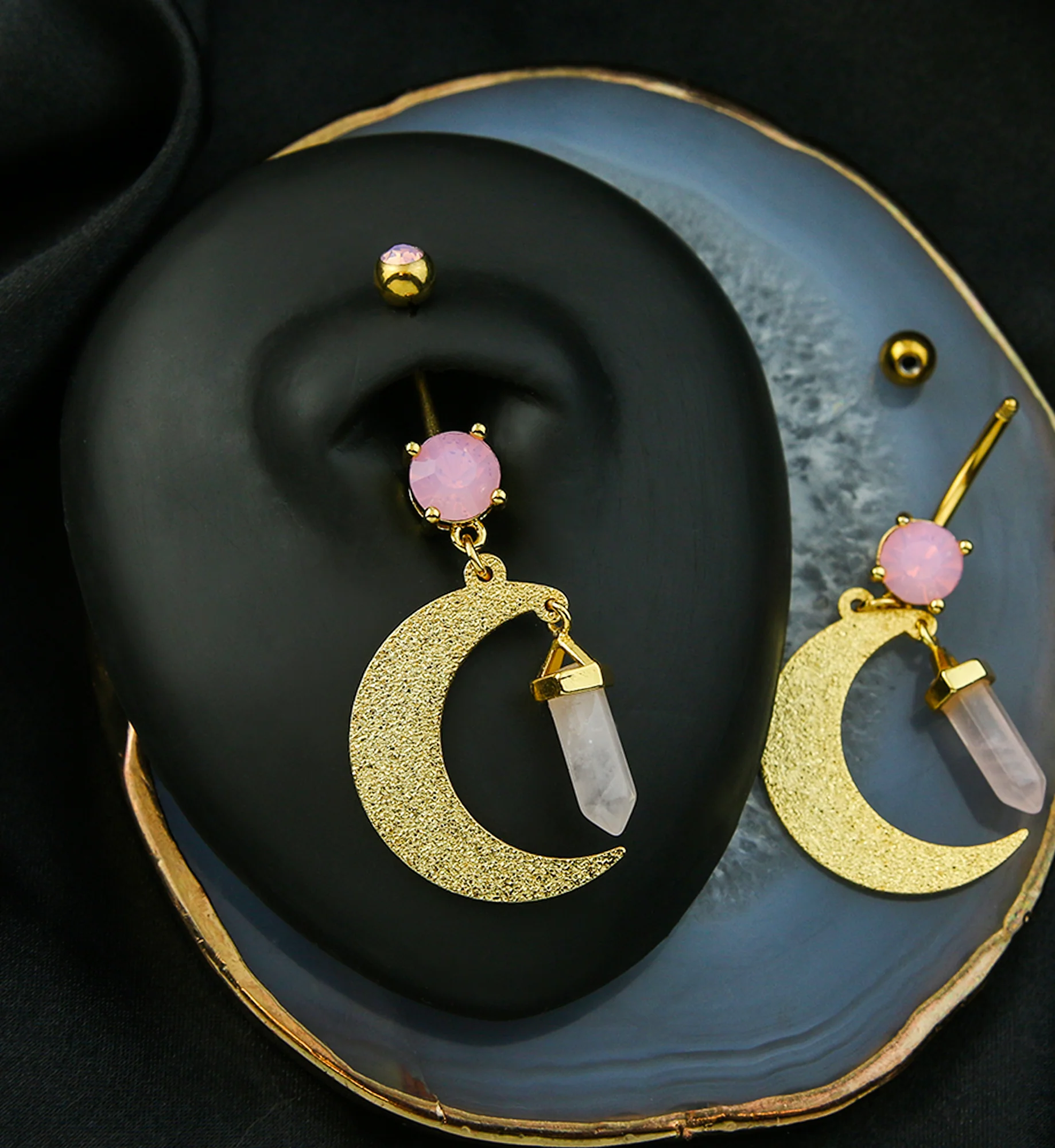 Gold PVD Crescent Moon Rose Quartz Dangle Stainless Steel Belly Button Ring - Image 2