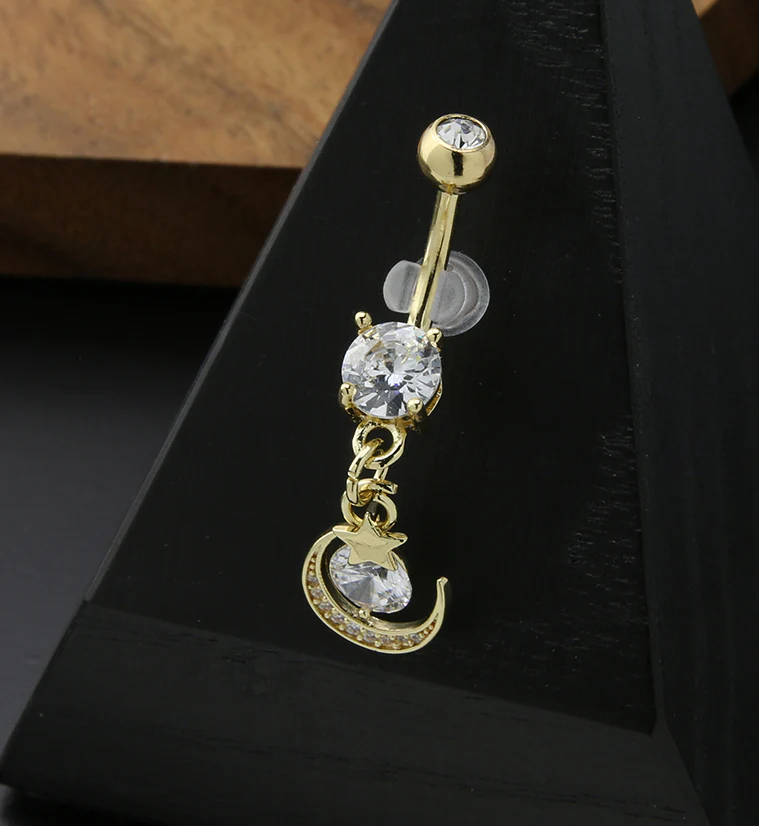 Gold PVD Crescent Moon Star CZ Stainless Steel Belly Button Ring - Image 2
