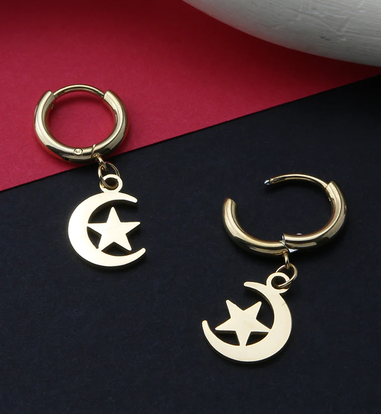 Gold PVD Crescent Star Stainless Steel Hinged Earrings - Image 2