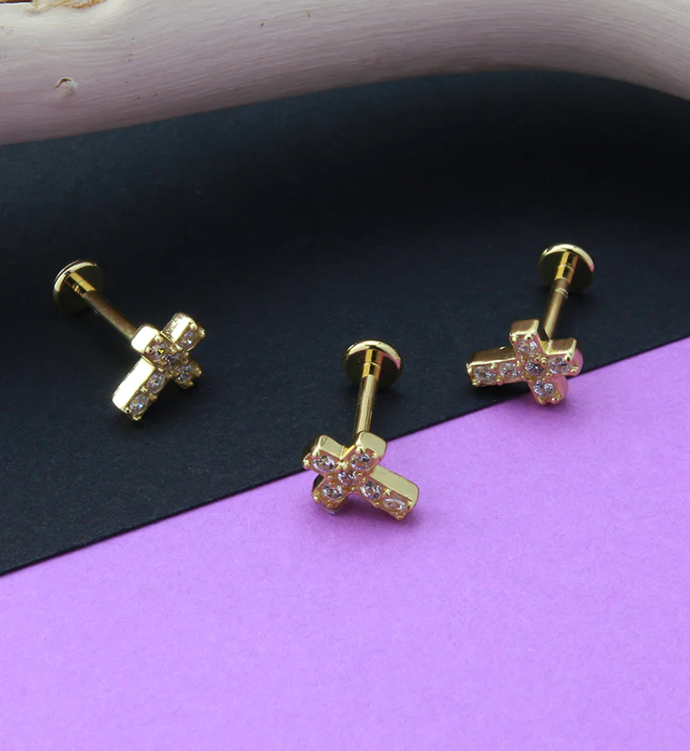 Gold PVD Cross CZ Gem Labret Post - Image 2