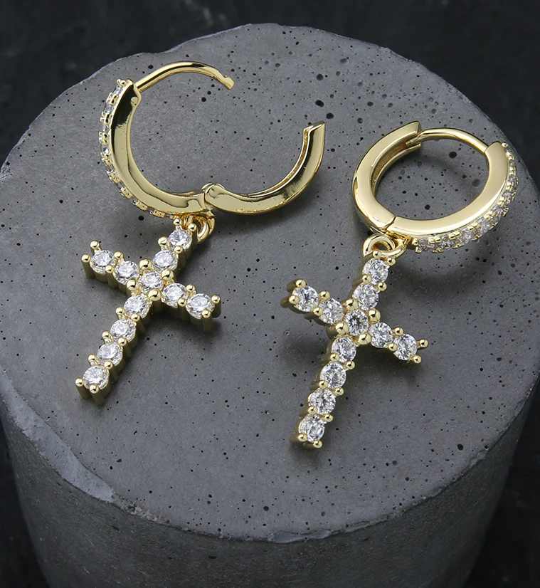Gold PVD Cross CZ Stainless Steel Hoop Earrings - Image 2