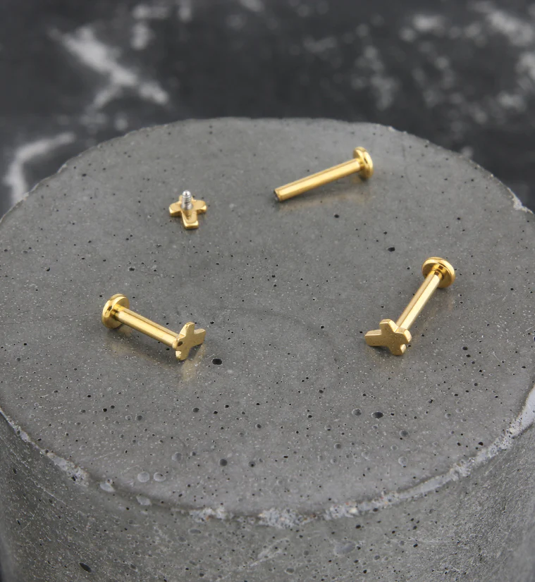 Gold PVD Cross Internally Threaded Titanium Labret - Image 2