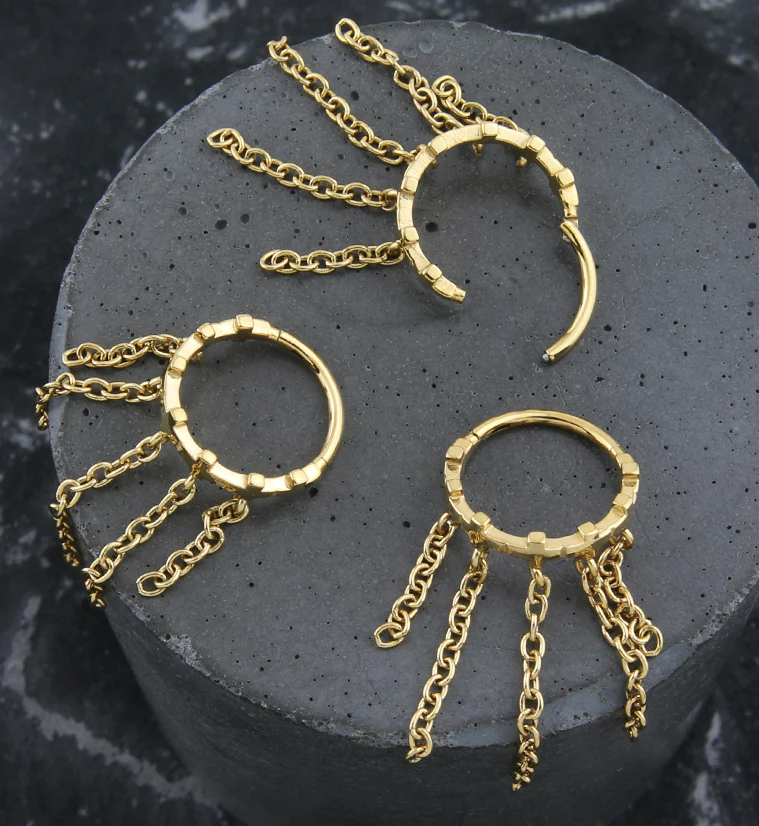 Gold PVD Cross Row Dangle Chains Hinged Stainless Steel Segment Ring - Image 2