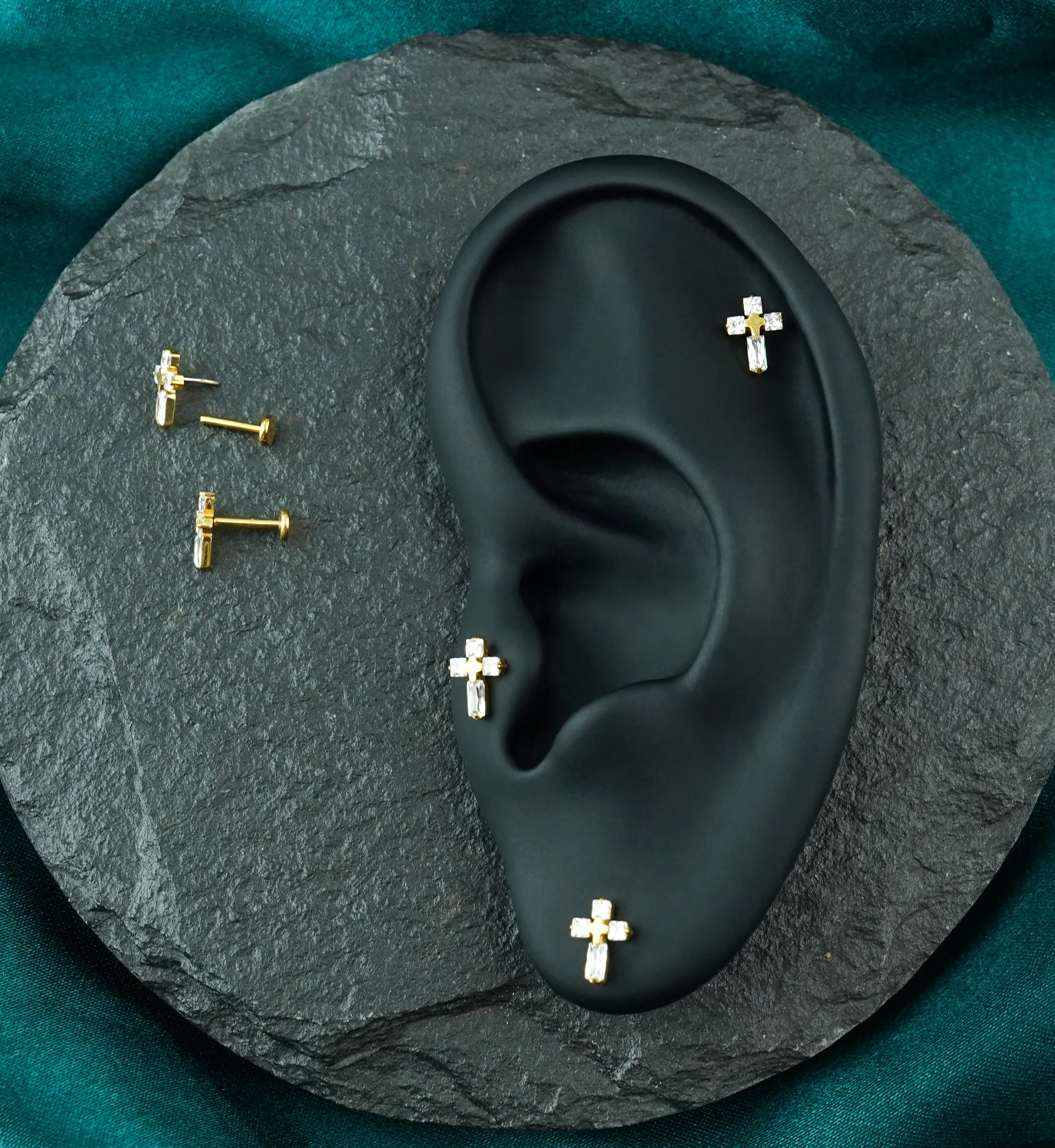 Gold PVD Cross Square Clear CZ Titanium Threadless Labret - Image 2