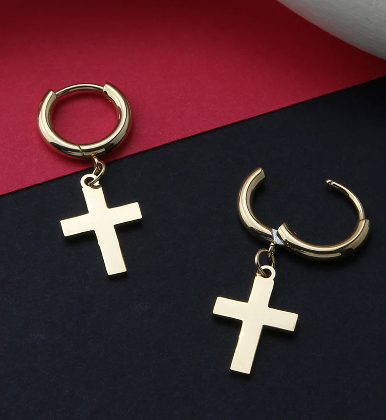 Gold PVD Cross Stainless Steel Hinged Earrings - Image 2