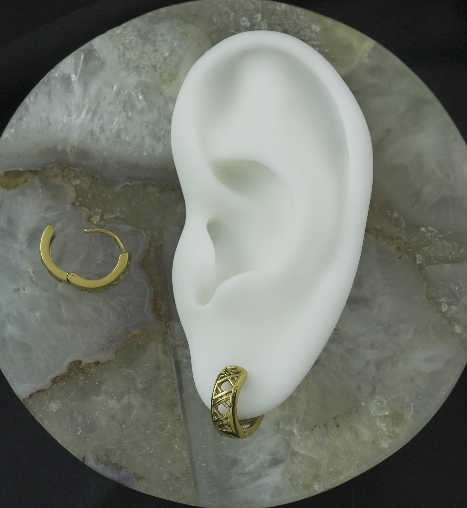 Gold PVD Crosshatch Stainless Steel Hinged Hoop Huggie Earrings - Image 2