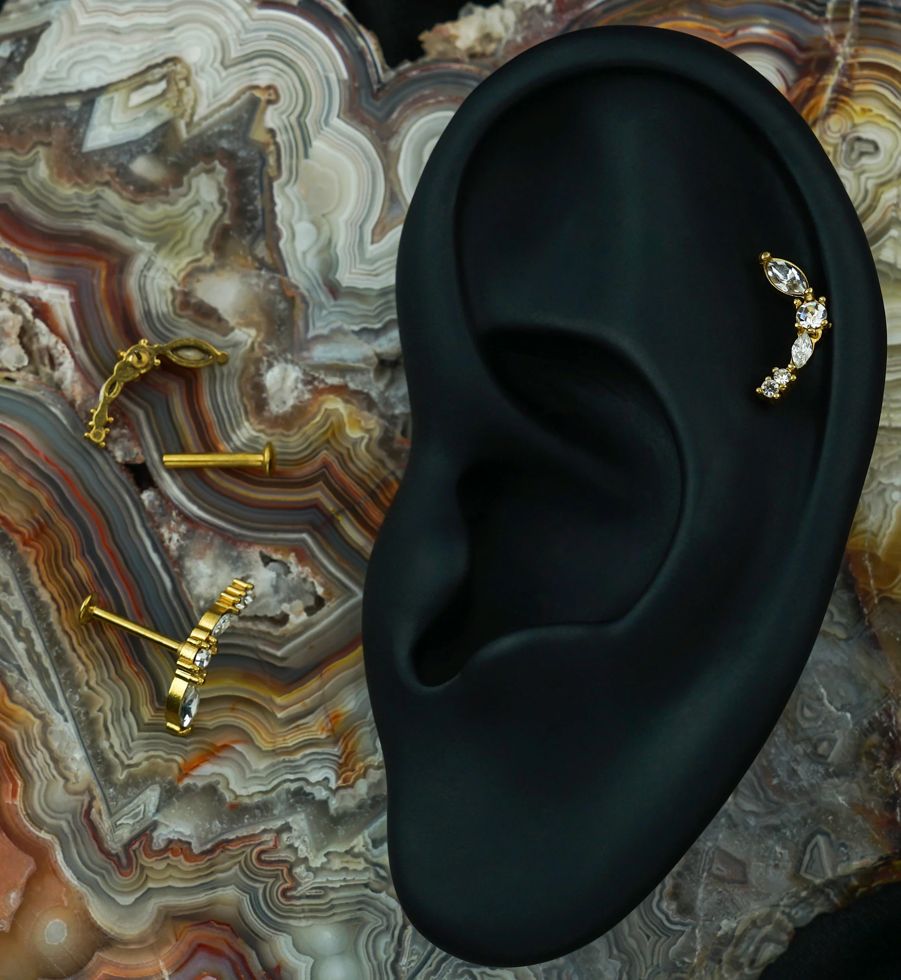 Gold PVD Curve Marquise Clear CZ Threadless Titanium Labret - Image 2