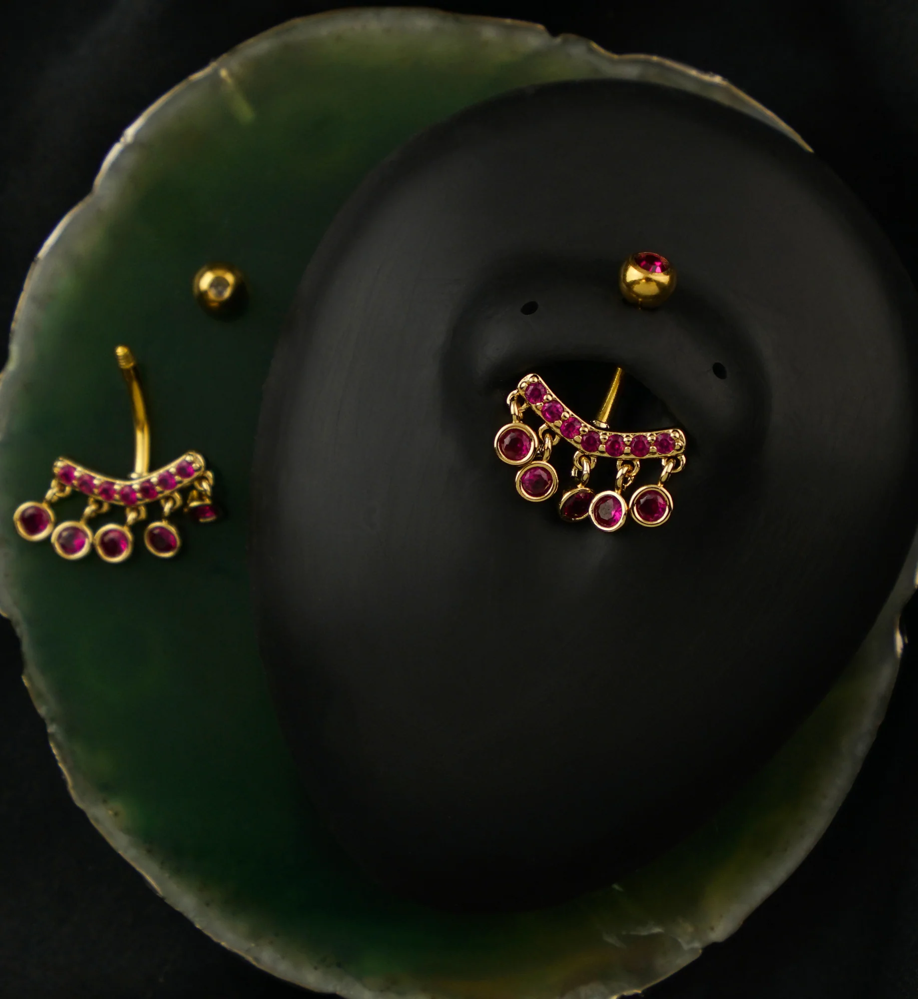 Gold PVD Curve Quinate Fuchsia CZ Dangle Stainless Steel Belly Button Ring - Image 2