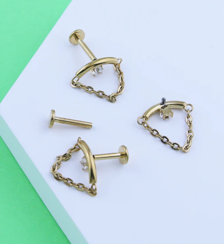 Gold PVD Curved Bar Clear CZ Dangle Chain Titanium Internally Threaded Labret - Image 2