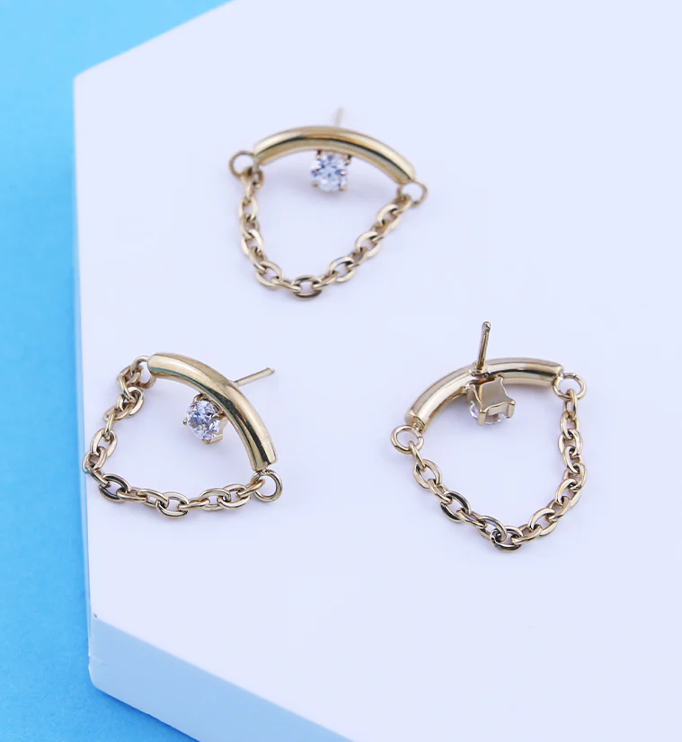 Gold PVD Curved Bar Clear CZ Dangle Chain Titanium Threadless Top - Image 2