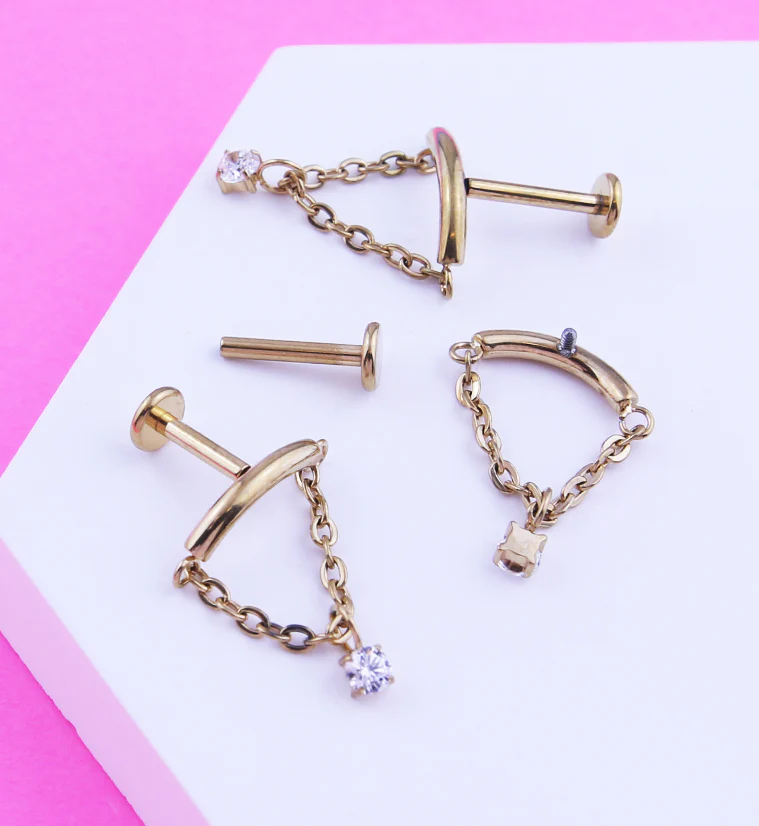 Gold PVD Curved Bar Dangle Clear CZ Chain Titanium Internally Threaded Labret - Image 2