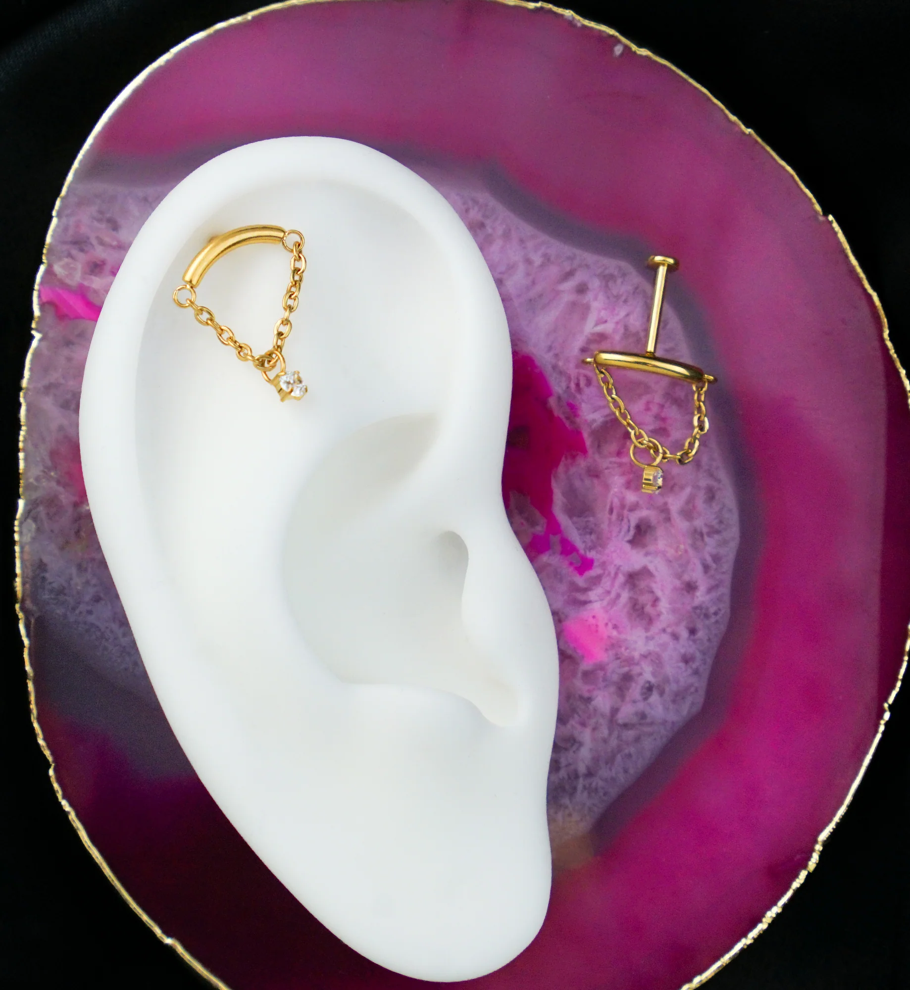 Gold PVD Curved Bar Dangle Clear CZ Chain Titanium Threadless Labret - Image 2