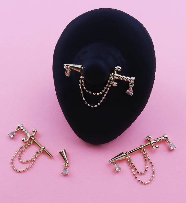 Gold PVD Dagger Dangle Chain Teardrop CZ Stainless Steel Nipple Barbell - Image 2
