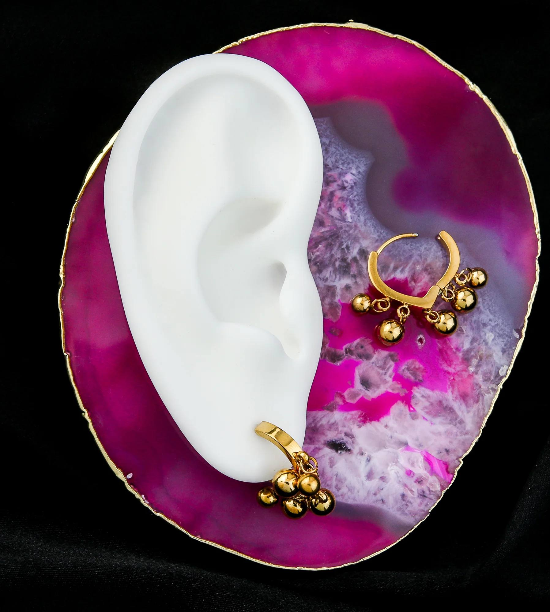 Gold PVD Dangle Beads Stainless Steel Hinged Hoop Earrings - Image 2