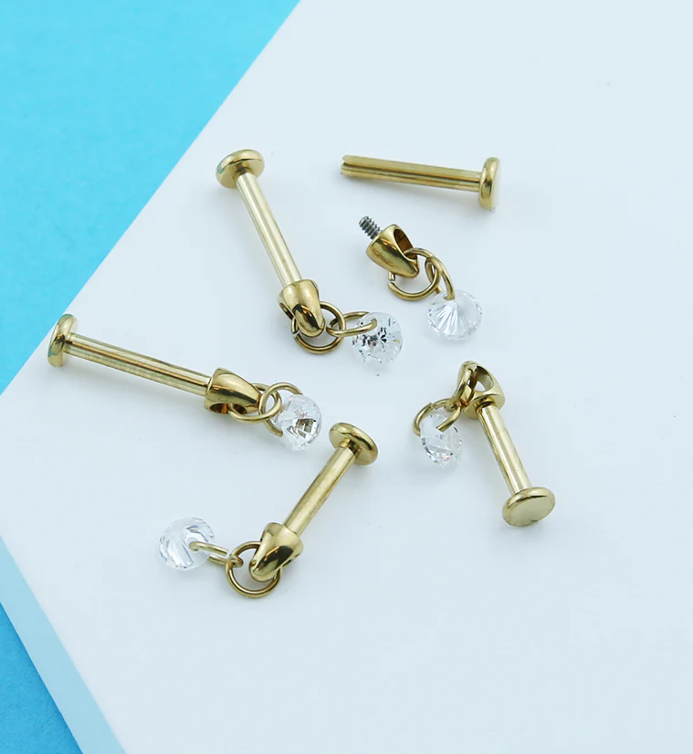 Gold PVD Dangle Clear CZ Charm Internally Threaded Titanium Labret - Image 2
