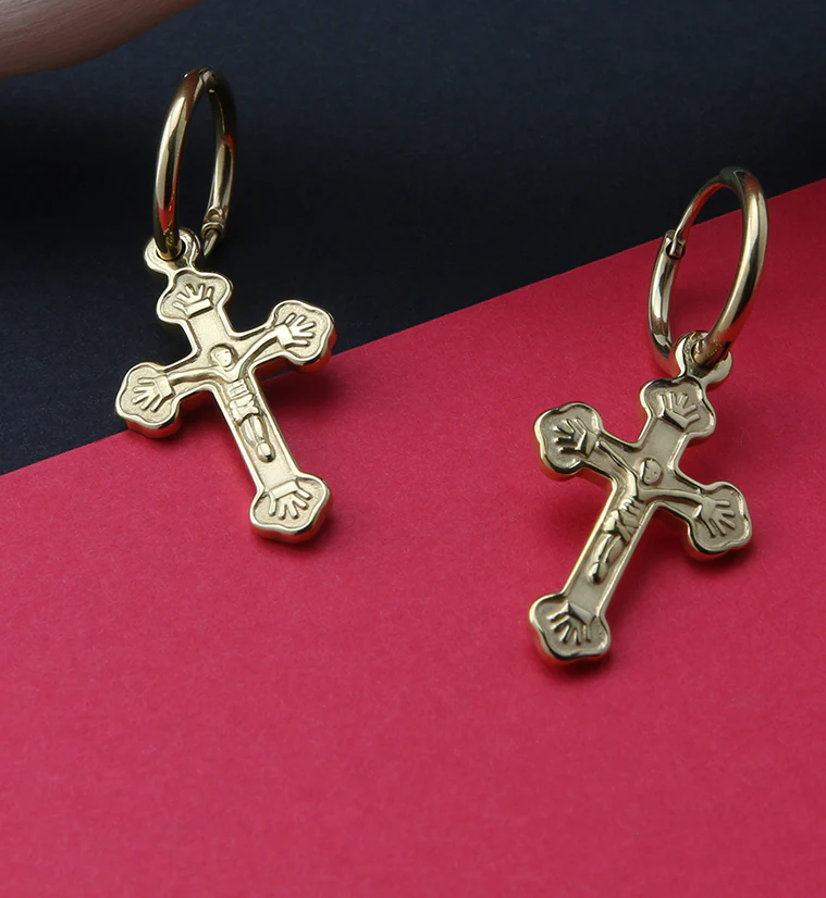 Gold PVD Dangle Cross Stainless Steel Earrings - Image 2