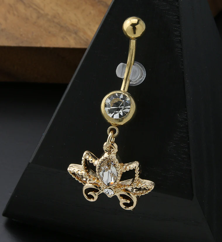 Gold PVD Dangle Lotus Flower CZ Stainless Steel Belly Button Ring - Image 2