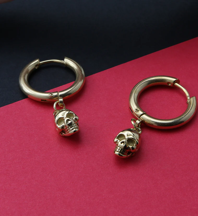 Gold PVD Dangle Skull Stainless Steel Earrings - Image 2