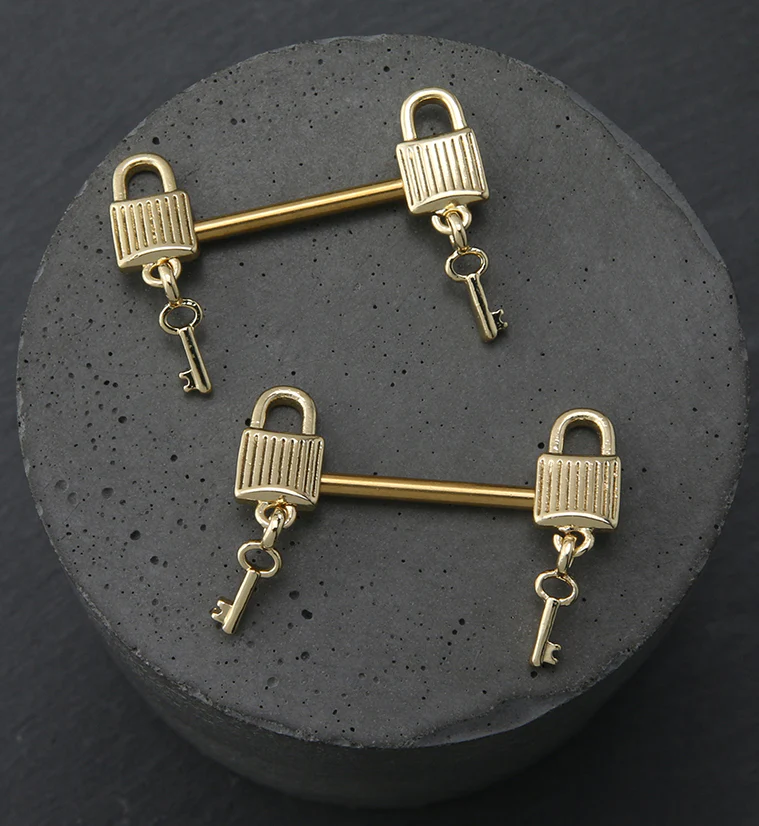 Gold PVD Dangling Key Lock Stainless Steel Nipple Barbell - Image 2