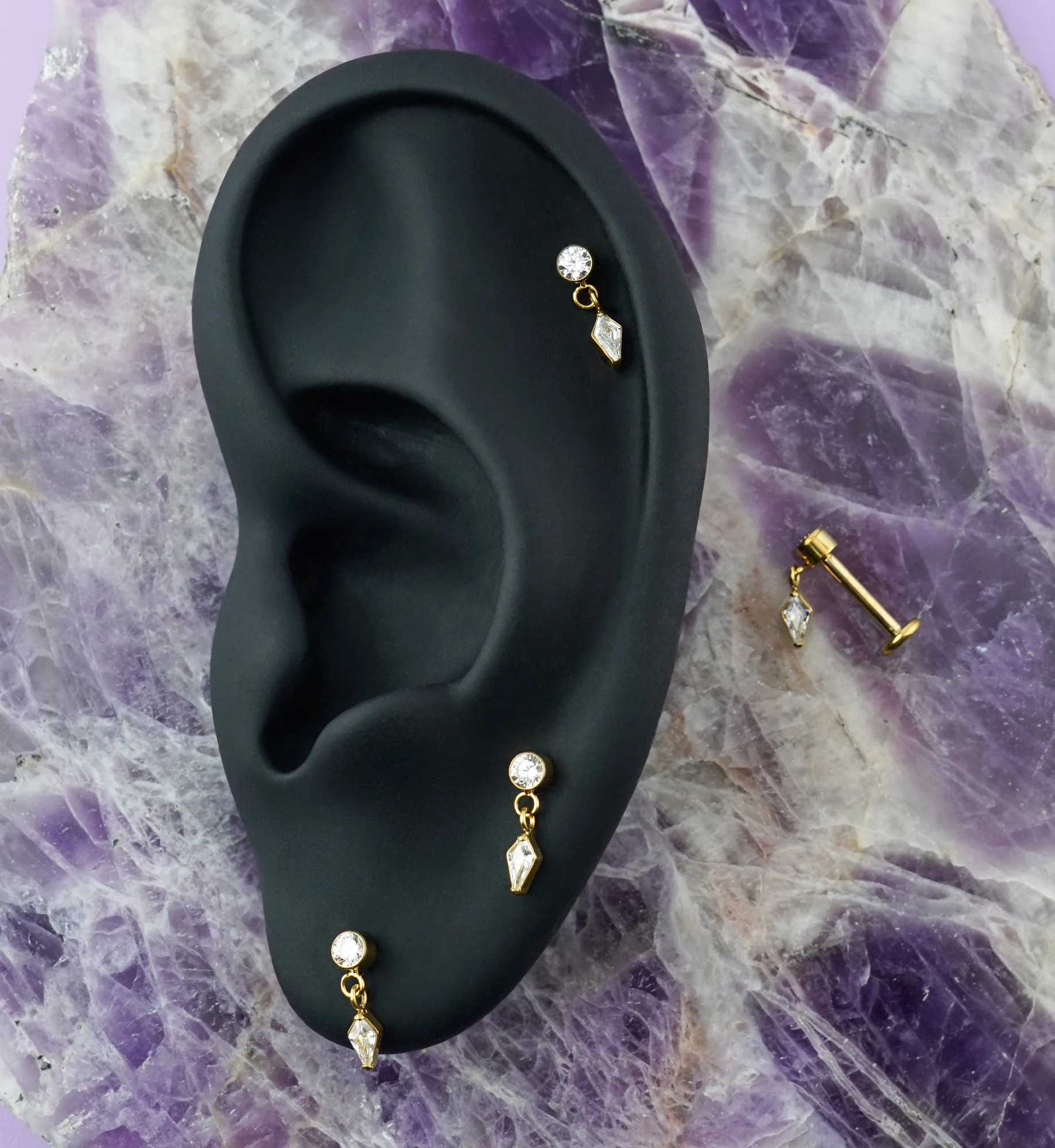 Gold PVD Dart CZ Dangle Titanium Internally Threaded Labret - Image 2