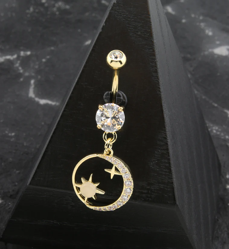 Gold PVD Day And Night Clear CZ White Opalite Dangle Belly Button Ring - Image 2