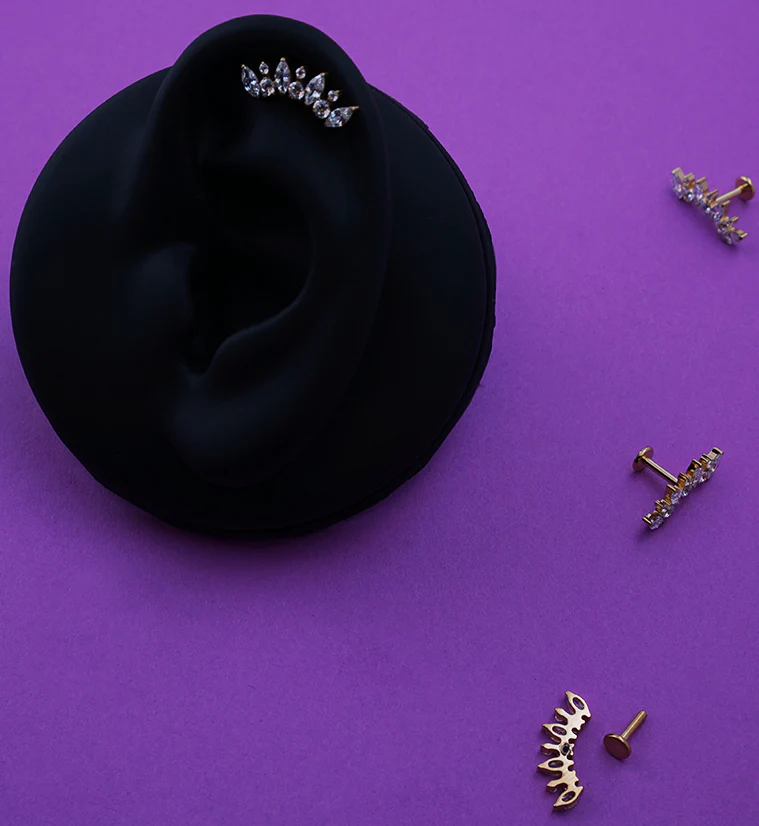 Gold PVD Diadem Clear CZ Internally Threaded Titanium Labret - Image 2