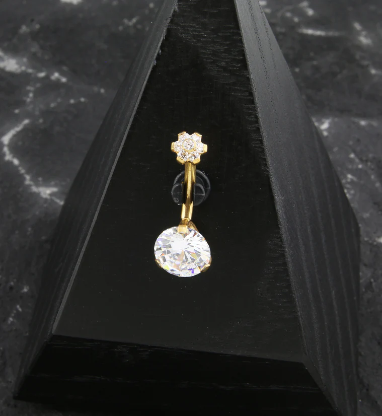 Gold PVD Double CZ Flower Top Titanium Threadless Belly Button Ring - Image 2
