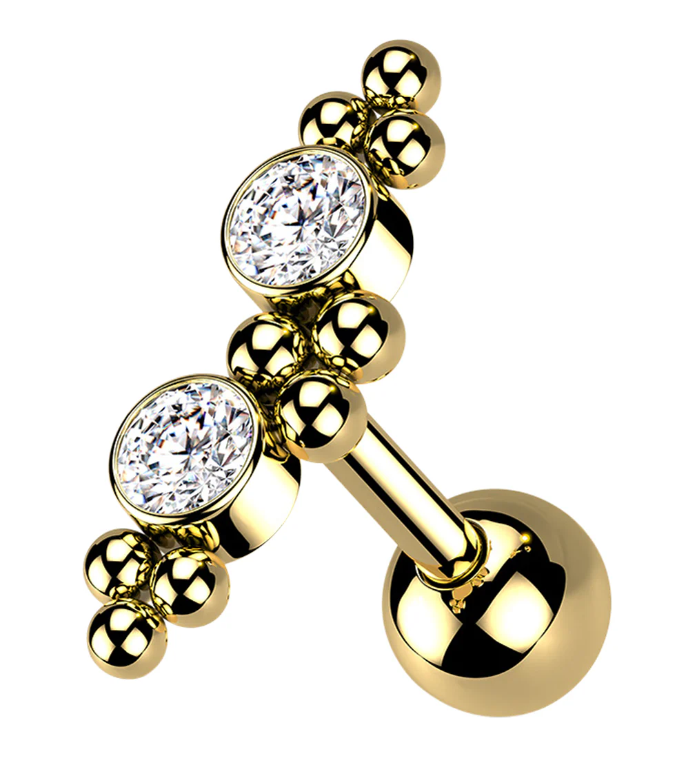 Gold PVD Double CZ Gem Cluster Bead Cartilage Barbell