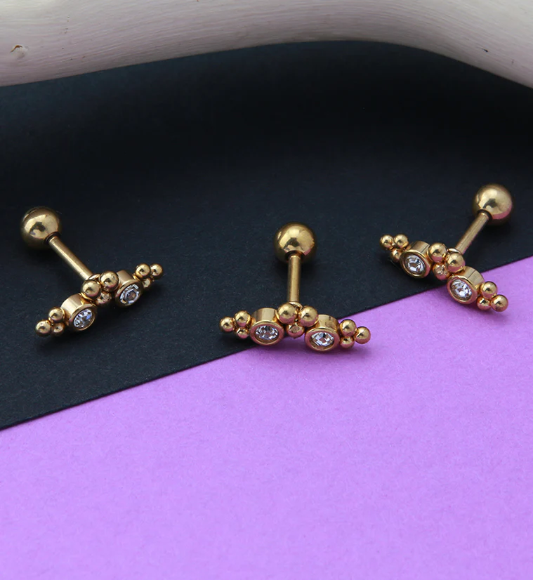 Gold PVD Double CZ Gem Cluster Bead Cartilage Barbell - Image 2