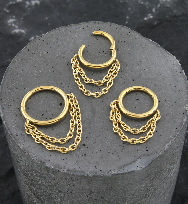 Gold PVD Double Dangle Chain Stainless Steel Hinged Segment Ring - Image 2