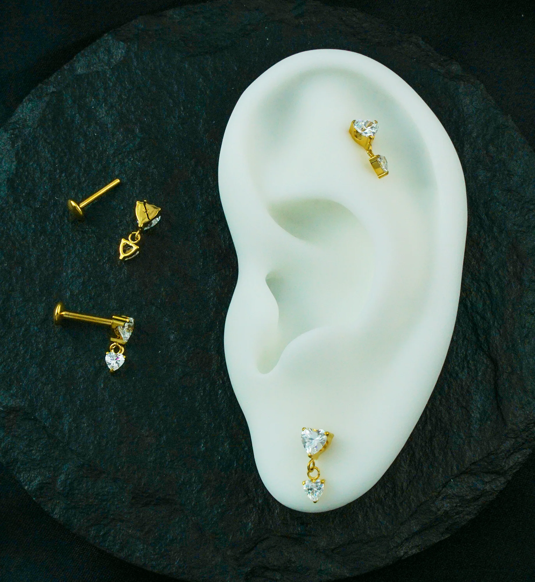 Gold PVD Double Heart Dangle Clear CZ Threadless Titanium Convex Disk Labret - Image 2