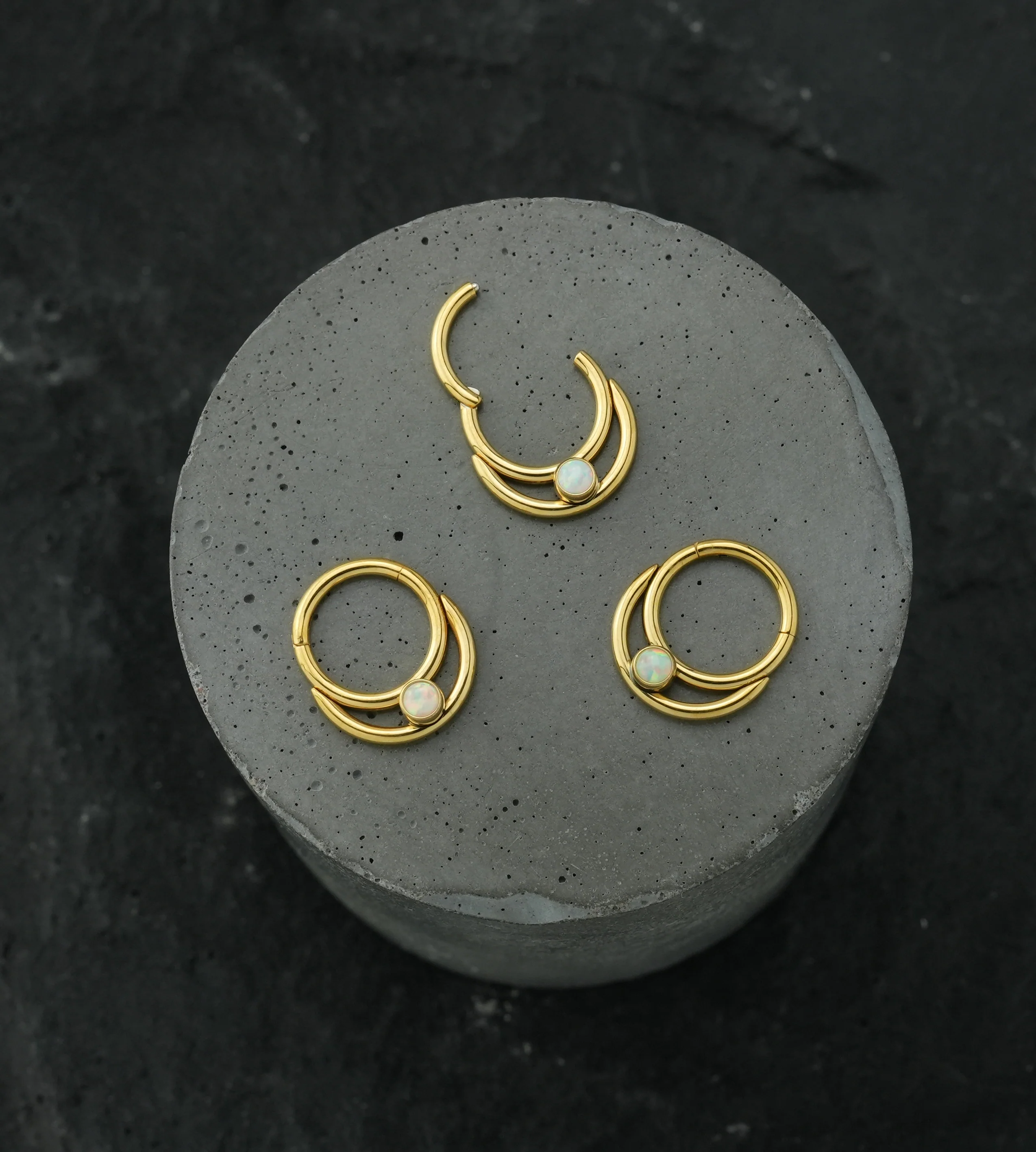 Gold PVD Double Hoop Bezel White Opalite Stainless Steel Hinged Segment Ring - Image 2