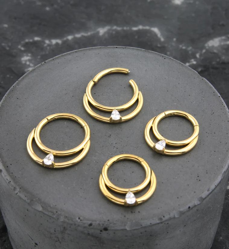 Gold PVD Double Hoop Teardrop CZ Titanium Hinged Segment Ring - Image 2