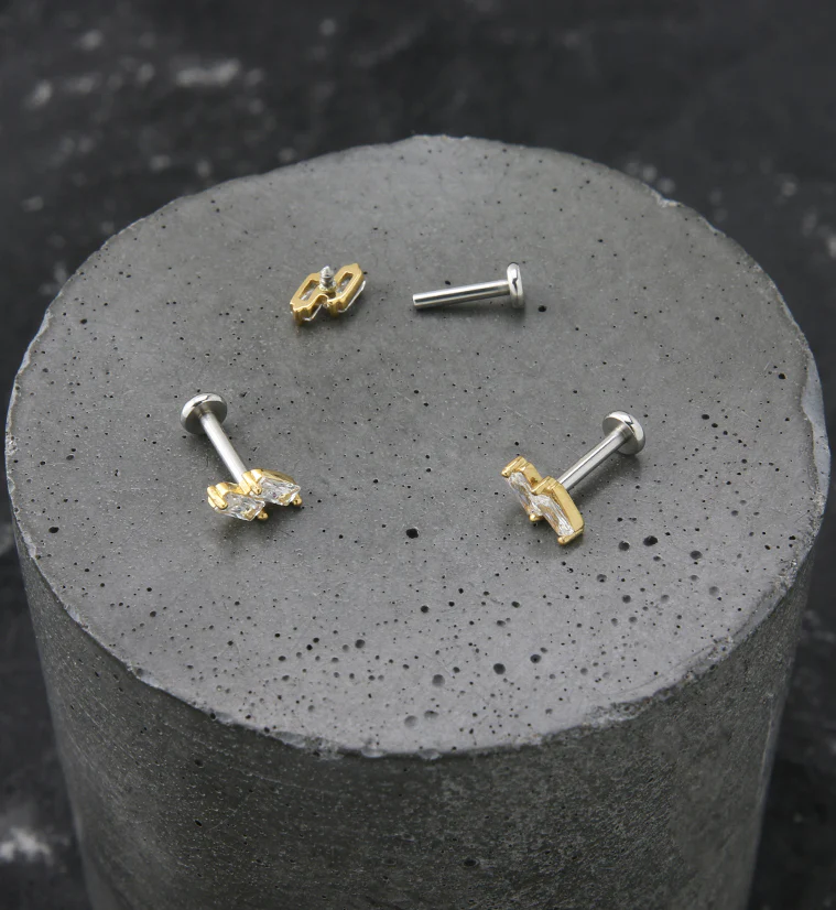 Gold PVD Double Slant Clear CZ Stainless Steel Internally Threaded Labret - Image 2