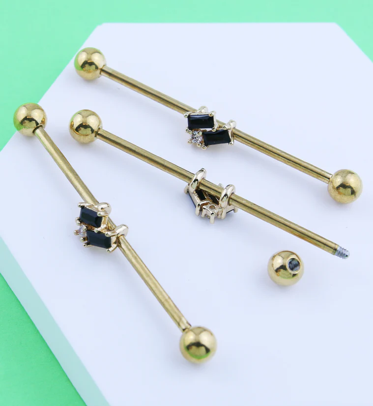 Gold PVD Double Slanted Baguette Black CZ Stainless Steel Industrial Barbell - Image 2