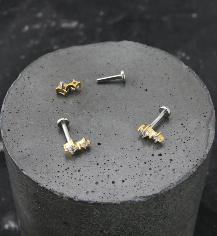 Gold PVD Drip Clear CZ Stainless Steel Internally Threaded Labret - Image 2