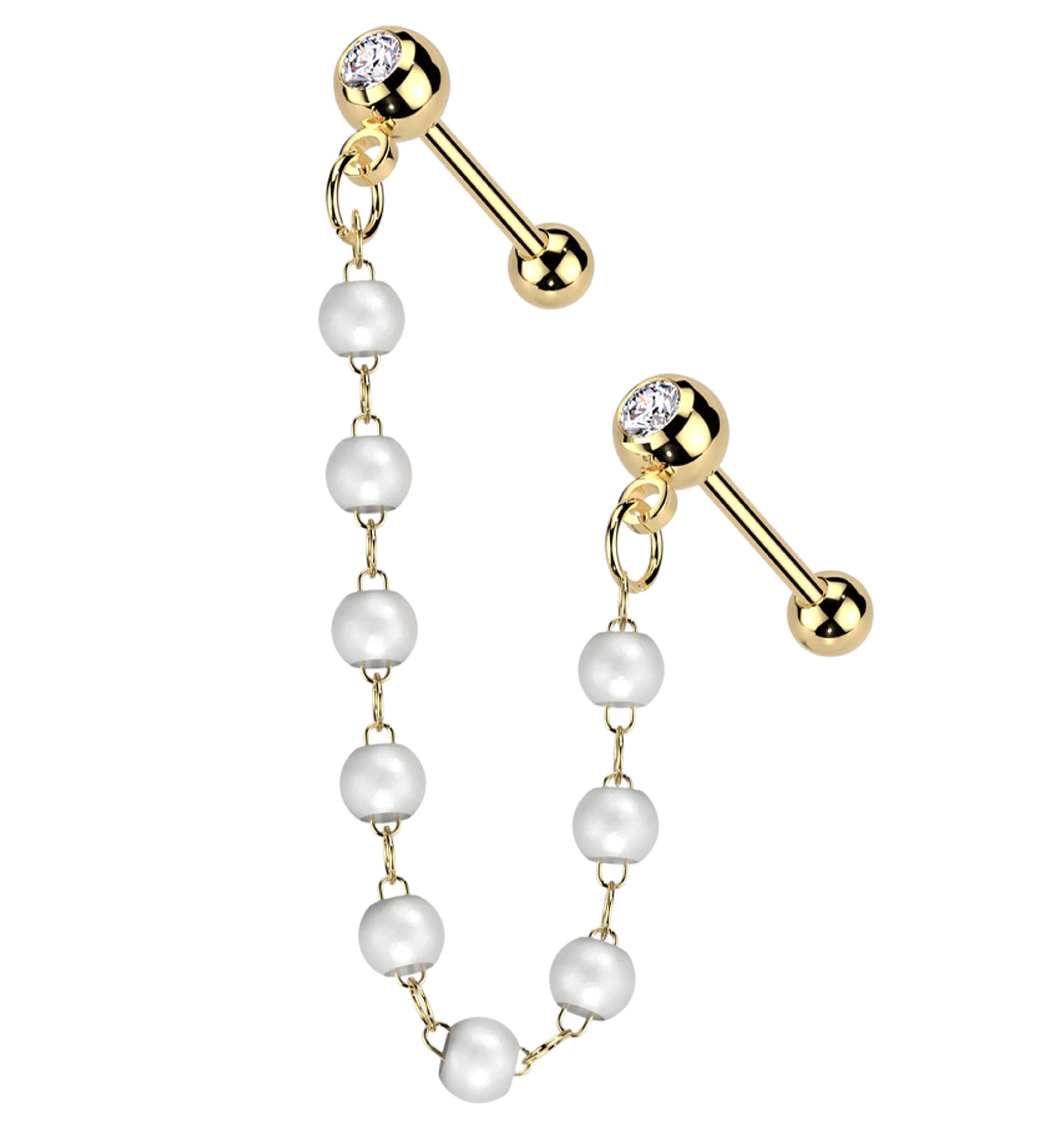 Gold PVD Double Barbell Clear CZ Stainless Steel Pearl Piercing Chain