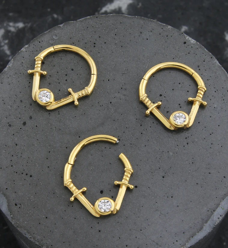 Gold PVD Dual Dagger Clear CZ Stainless Steel Hinged Segment Ring - Image 2