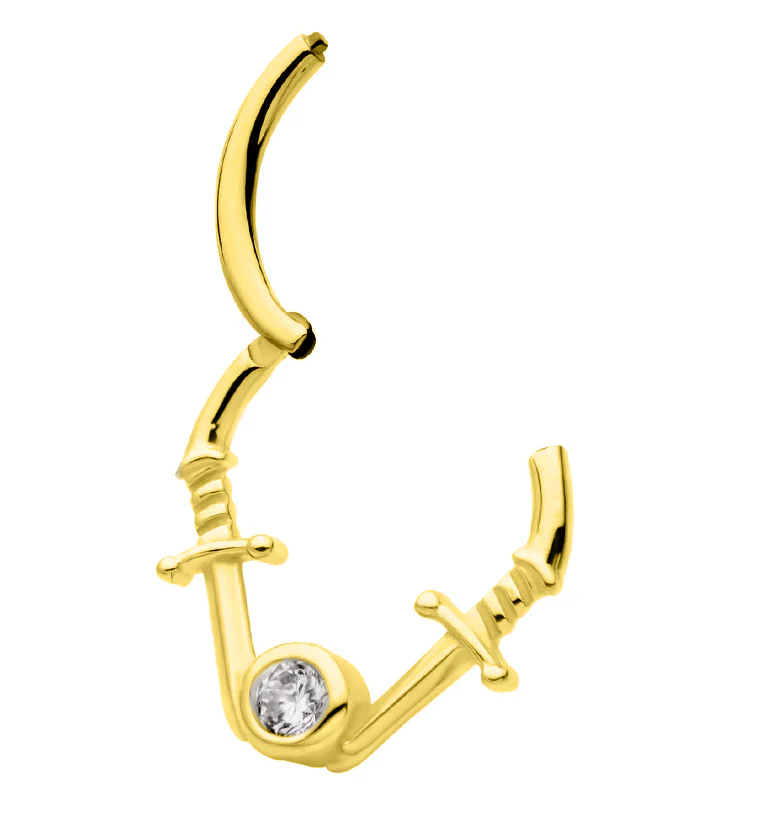 Gold PVD Dual Dagger Clear CZ Stainless Steel Hinged Segment Ring - Image 3