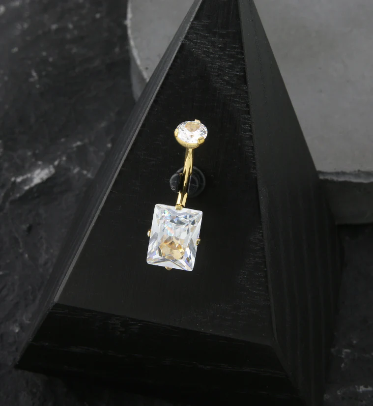 Gold PVD Emerald Clear CZ Internally Threaded Belly Button Ring - Image 2