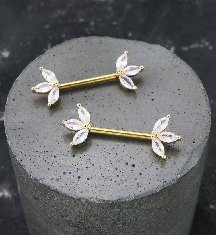 Gold PVD Empress Clear CZ Stainless Steel Nipple Barbell - Image 2